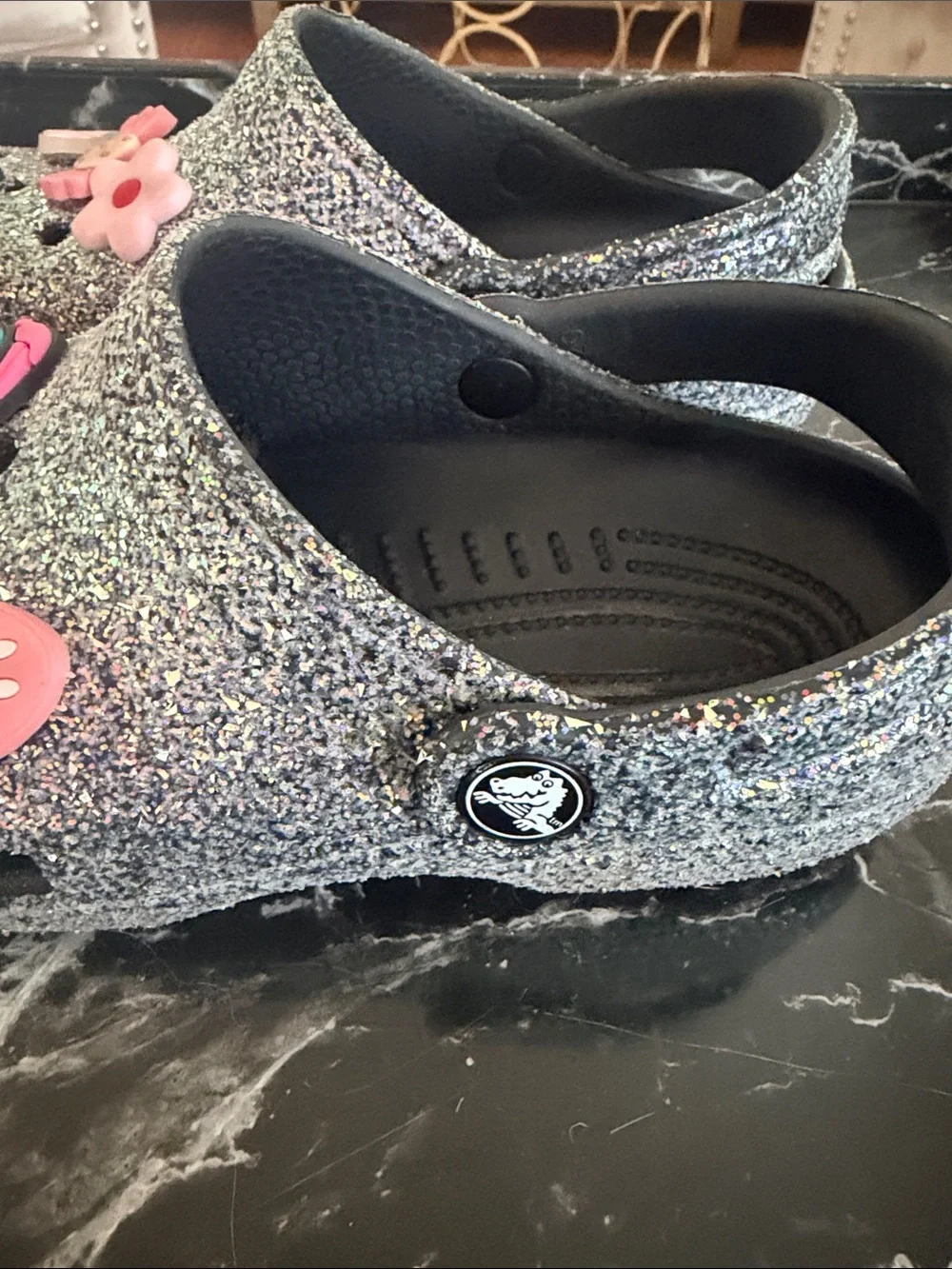 CROCS Glitter Kids Clogs with Pink Charms